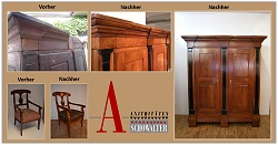 Restaurierung von Antiken Möbeln, vorher-nachher Bilder. Antiquitäten Schowalter